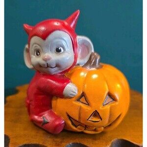 Halloween Mouse in Devil Costume w/ Jack-o-lantern Alberta's Molds Ceramic